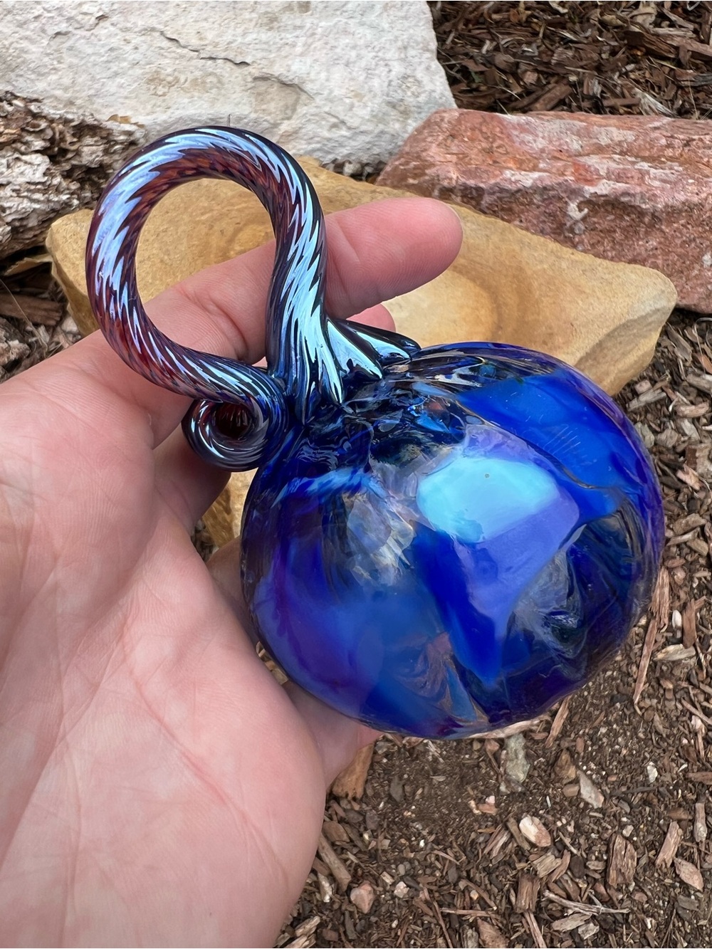Handblown Blue Glass Pumpkin Halloween Thanksgiving Autumn - Picture 8 of 12